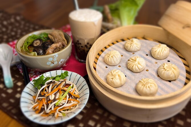 Xiao Long Bao, Chicken Vermicelli With Mushroom and Sesame Oil, Tofu Strips Salad, Bubble Milk Tea.
